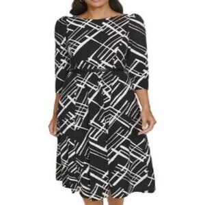 Calvin Klein Elegant Black White 3/4 Sleeve Midi Belted Fit &Flare Dress